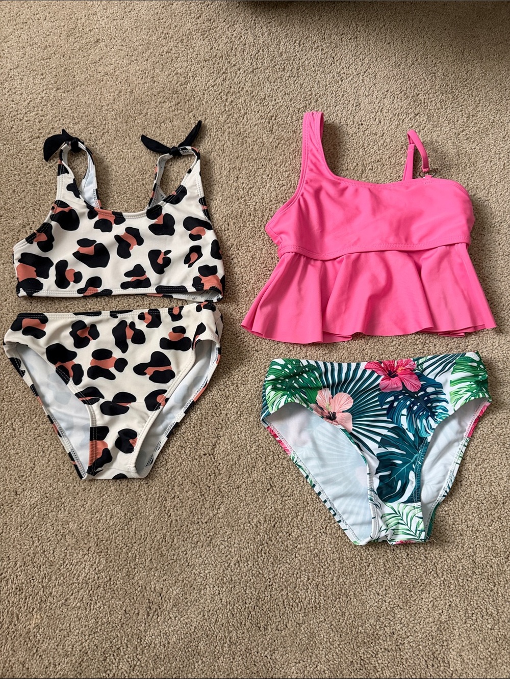 Two Girls' Bikini Sets - Pink Peplum Top & Leopard and Tropical Bottoms